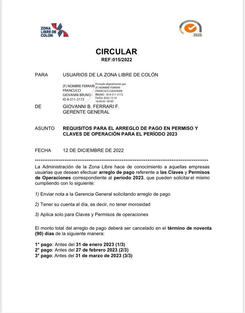 CIRCULAR 015 2022 REQUISITOS PARA EL ARREGLO DE PAGO EN PERMISO Y